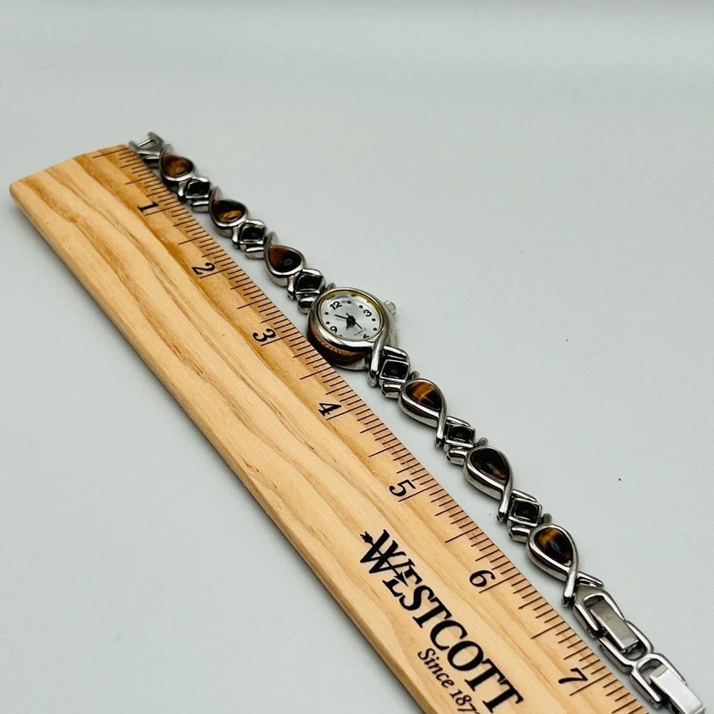 Vintage Avon Watch Tigers Eye and Onyx Silver Tone Timeless Beauty Not Running
